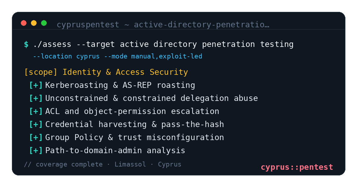Active Directory Penetration Testing in Cyprus — CyprusPentest test coverage and attack surface