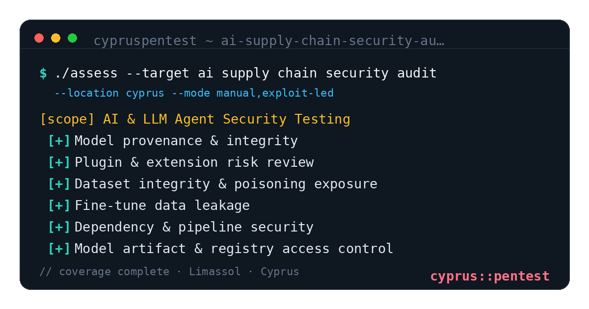 AI Supply Chain Security Audit in Cyprus — CyprusPentest test coverage and attack surface