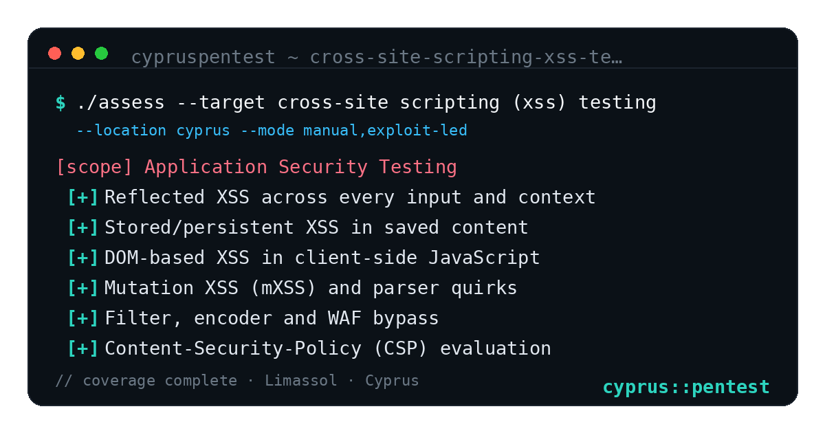 Cross-Site Scripting (XSS) Testing in Cyprus — CyprusPentest test coverage and attack surface