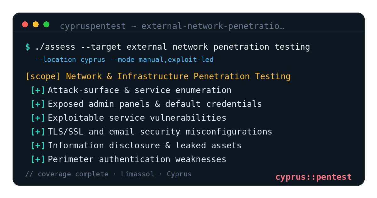 External Network Penetration Testing in Cyprus — CyprusPentest test coverage and attack surface