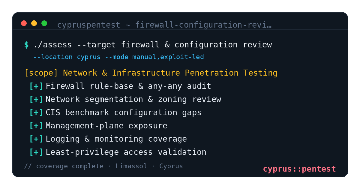 Firewall & Configuration Review in Cyprus — CyprusPentest test coverage and attack surface