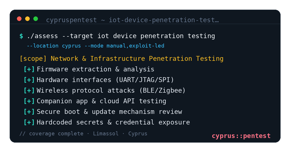 IoT Device Penetration Testing in Cyprus — CyprusPentest test coverage and attack surface