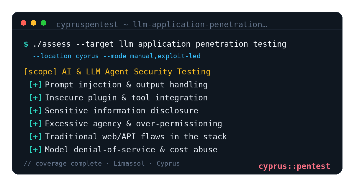 LLM Application Penetration Testing in Cyprus — CyprusPentest test coverage and attack surface