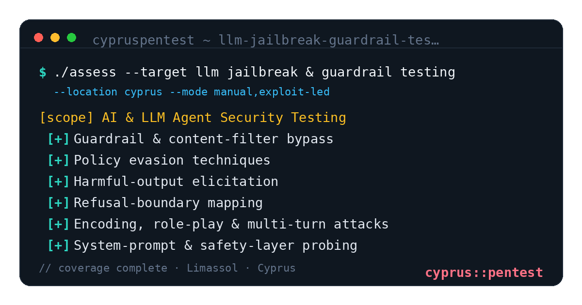 LLM Jailbreak & Guardrail Testing in Cyprus — CyprusPentest test coverage and attack surface
