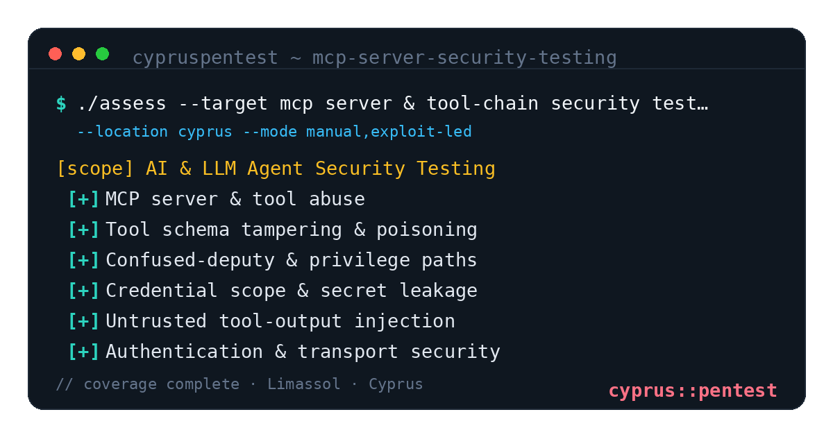 MCP Server & Tool-Chain Security Testing in Cyprus — CyprusPentest test coverage and attack surface