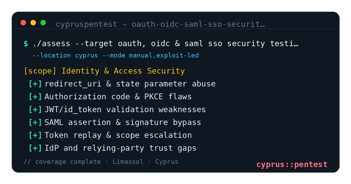 OAuth, OIDC & SAML SSO Security Testing in Cyprus — CyprusPentest test coverage and attack surface