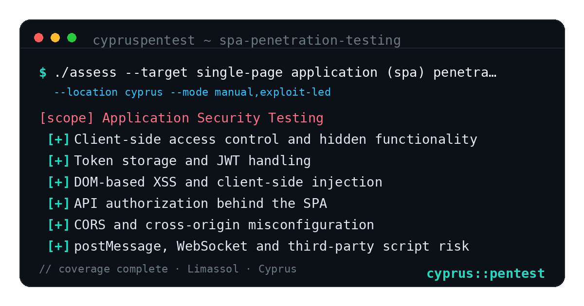 Single-Page Application (SPA) Penetration Testing in Cyprus — CyprusPentest test coverage and attack surface