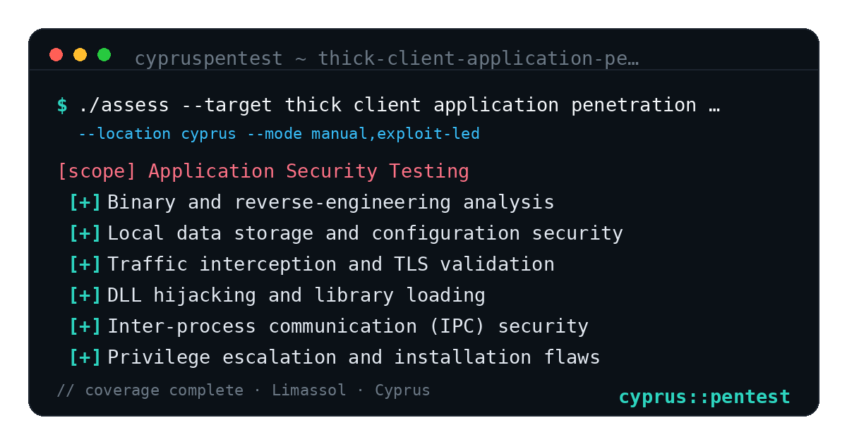 Thick Client Application Penetration Testing in Cyprus — CyprusPentest test coverage and attack surface