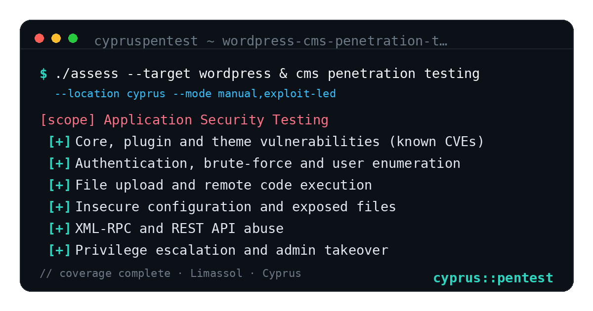 WordPress & CMS Penetration Testing in Cyprus — CyprusPentest test coverage and attack surface