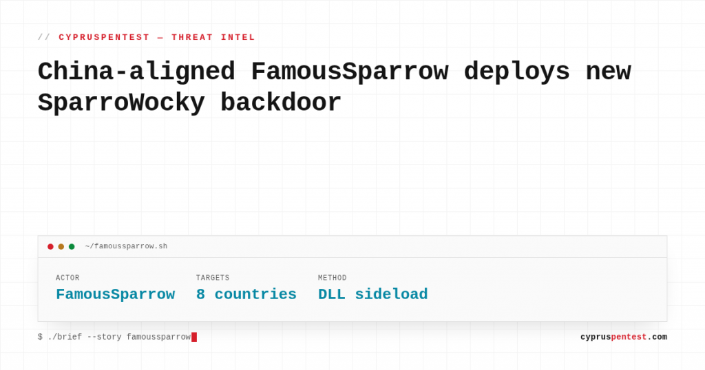 Fact card: China-aligned FamousSparrow deploys SparroWocky backdoor via DLL sideloading against government targets in eight Latin American countries