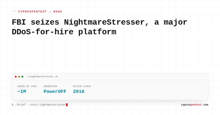 Fact card: NightmareStresser DDoS-for-hire platform seized by FBI, Operation PowerOFF, active since 2016, nearly one million users by 2025