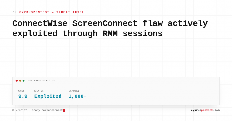 Fact card: ConnectWise ScreenConnect vulnerability CVE-2026-84869, CVSS 9.9, actively exploited, over 1000 exposed instances